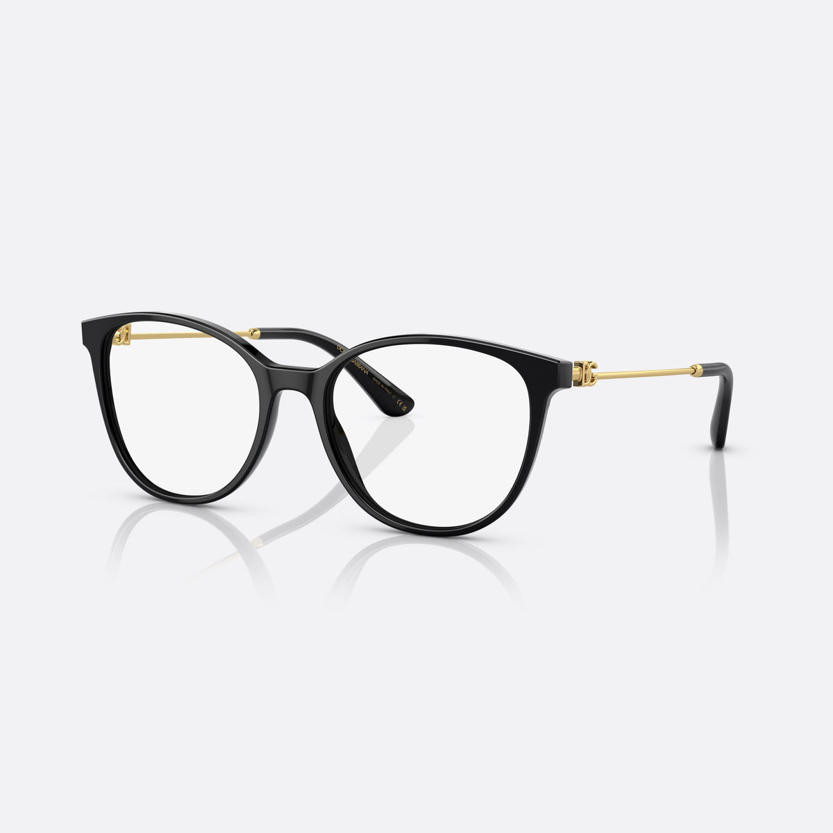 Dolce & Gabbana DG3363 501 eyeglasses, black butterfly frame for women, plain acetate bridge, brand logo plaque on temples