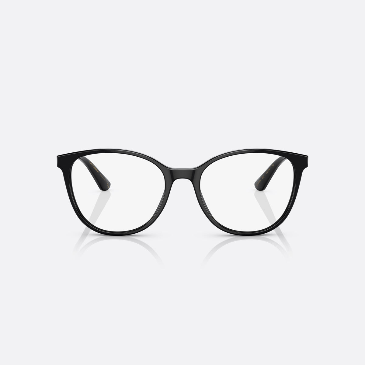 Dolce & Gabbana DG3363 501 eyeglasses, black butterfly frame for women, plain acetate bridge, brand logo on hinges, front view