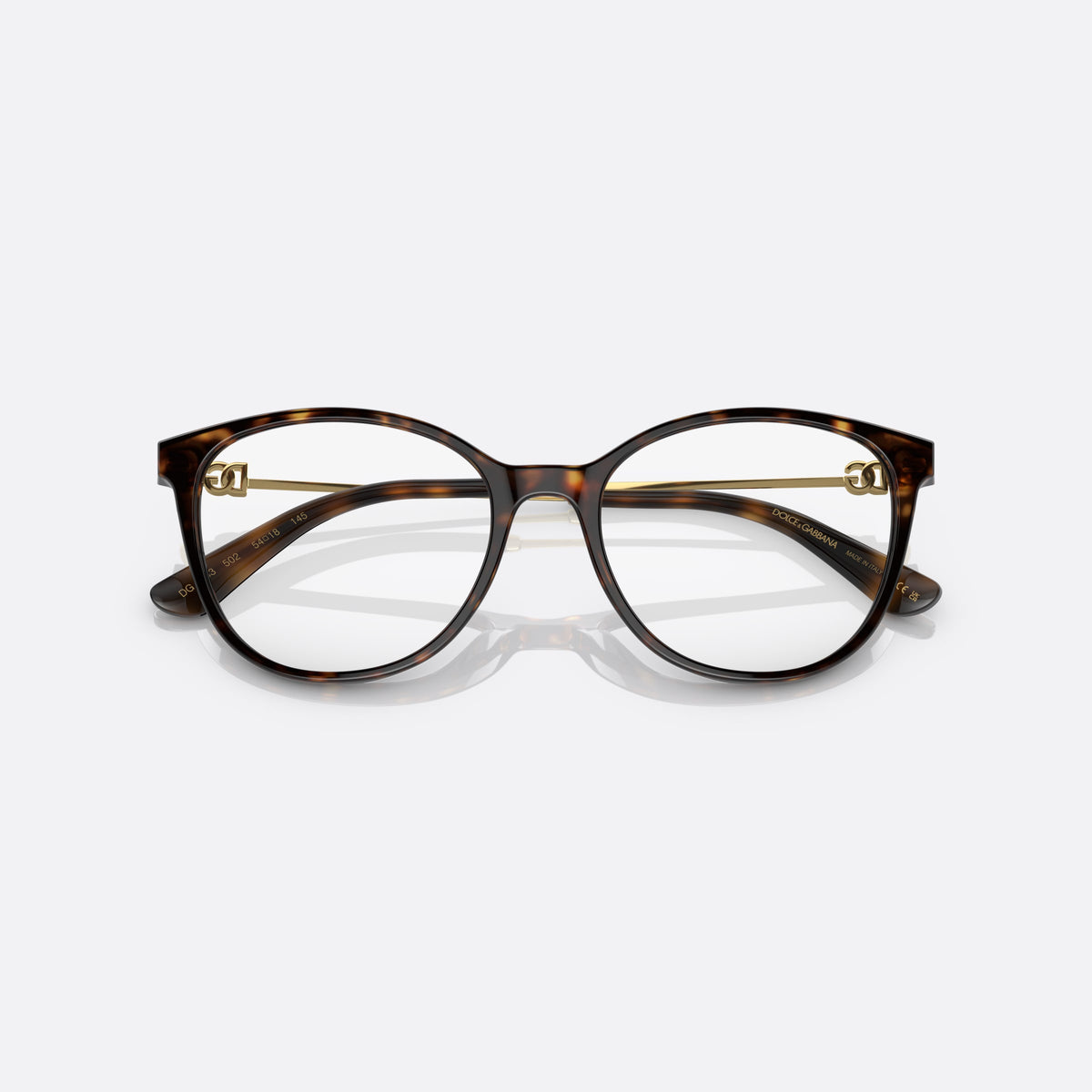 Dolce & Gabbana DG3363 502 eyeglasses, havana butterfly frame for women, plain bridge, brand logo plaque on hinges