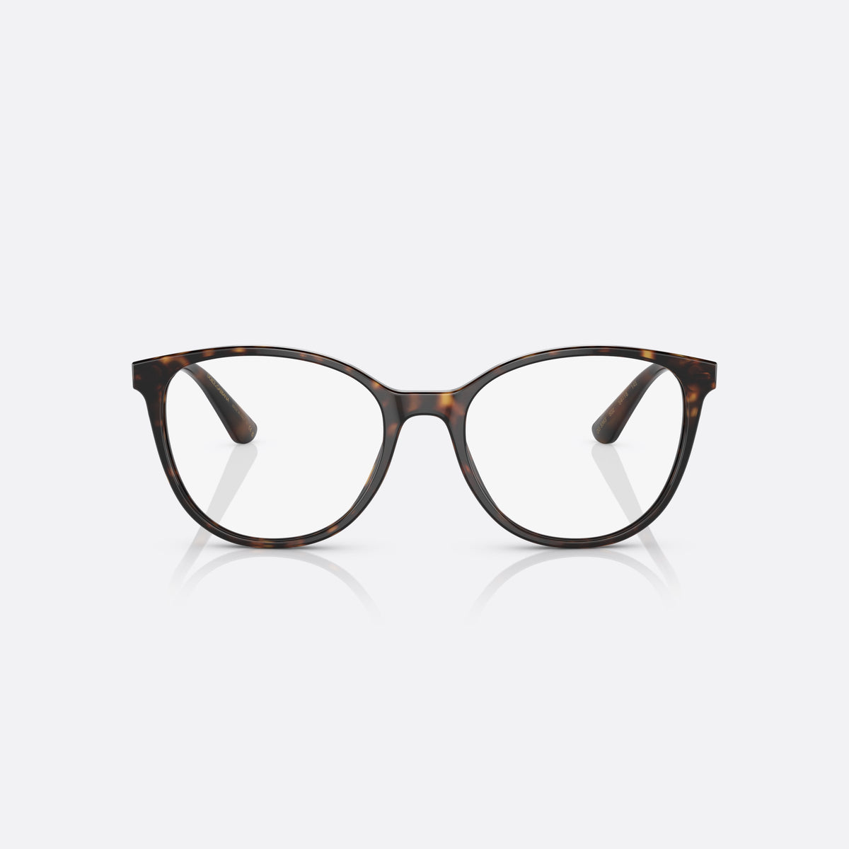 Dolce & Gabbana DG3363 502 eyeglasses, havana butterfly frame for women, plain acetate bridge, brand logo plaque on temples, front view