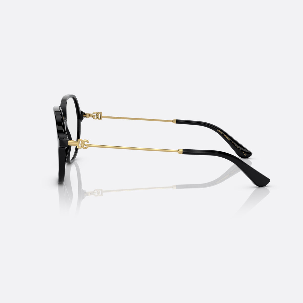 Dolce & Gabbana DG3364 501 eyeglasses, black butterfly frame for women, plain acetate bridge, brand logo plaque on temples, side view