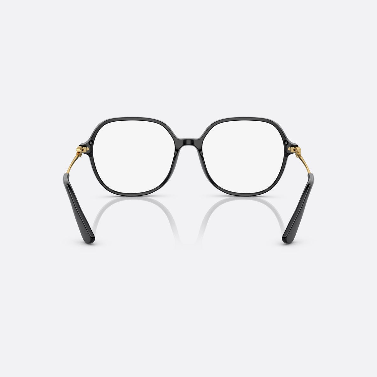 Dolce & Gabbana DG3364 501 eyeglasses, black butterfly frame for women, plain acetate bridge, brand logo plaque on temples, back view