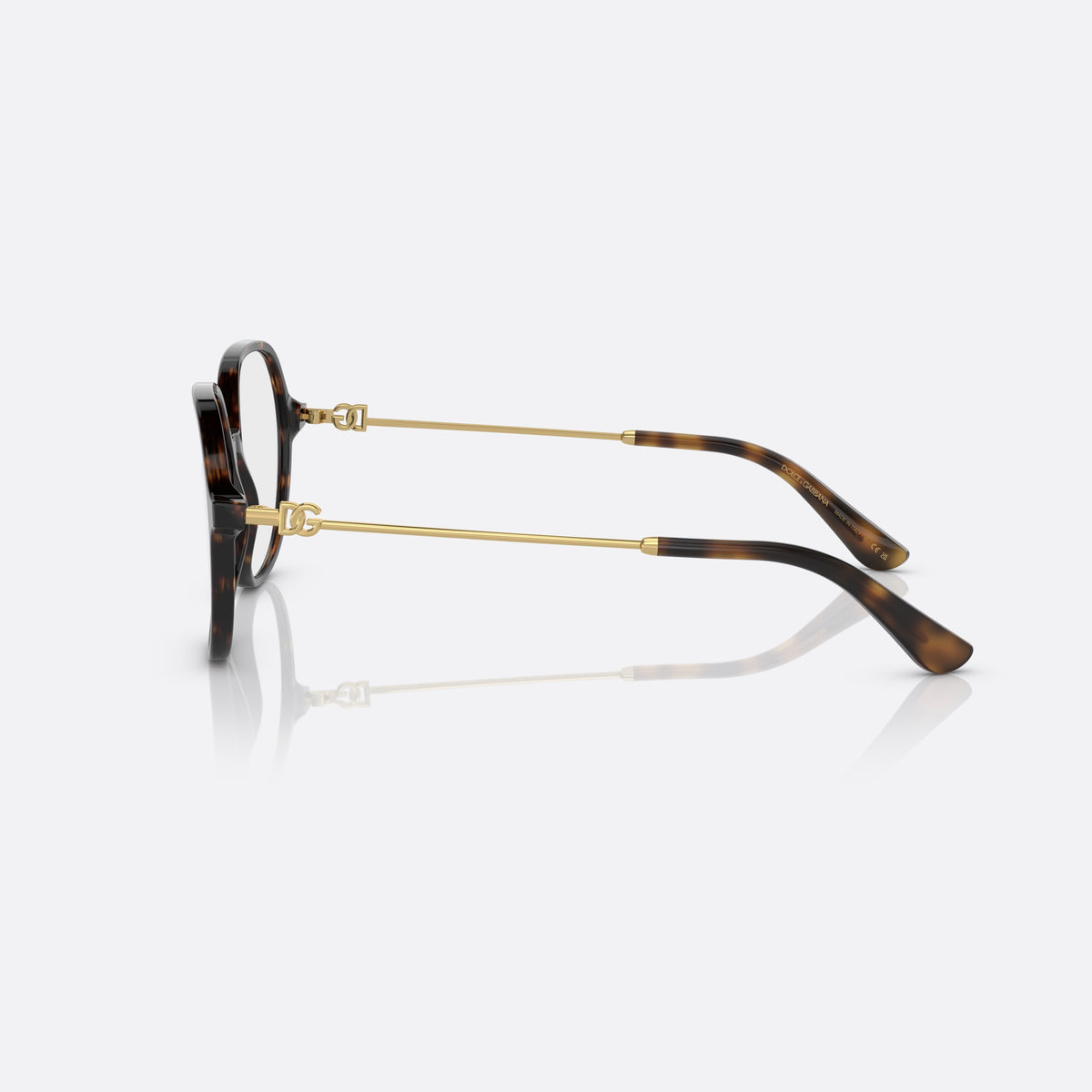 Dolce & Gabbana DG3364 502 eyeglasses, havana butterfly frame for women, plain bridge, brand logo plaque on temples, side view