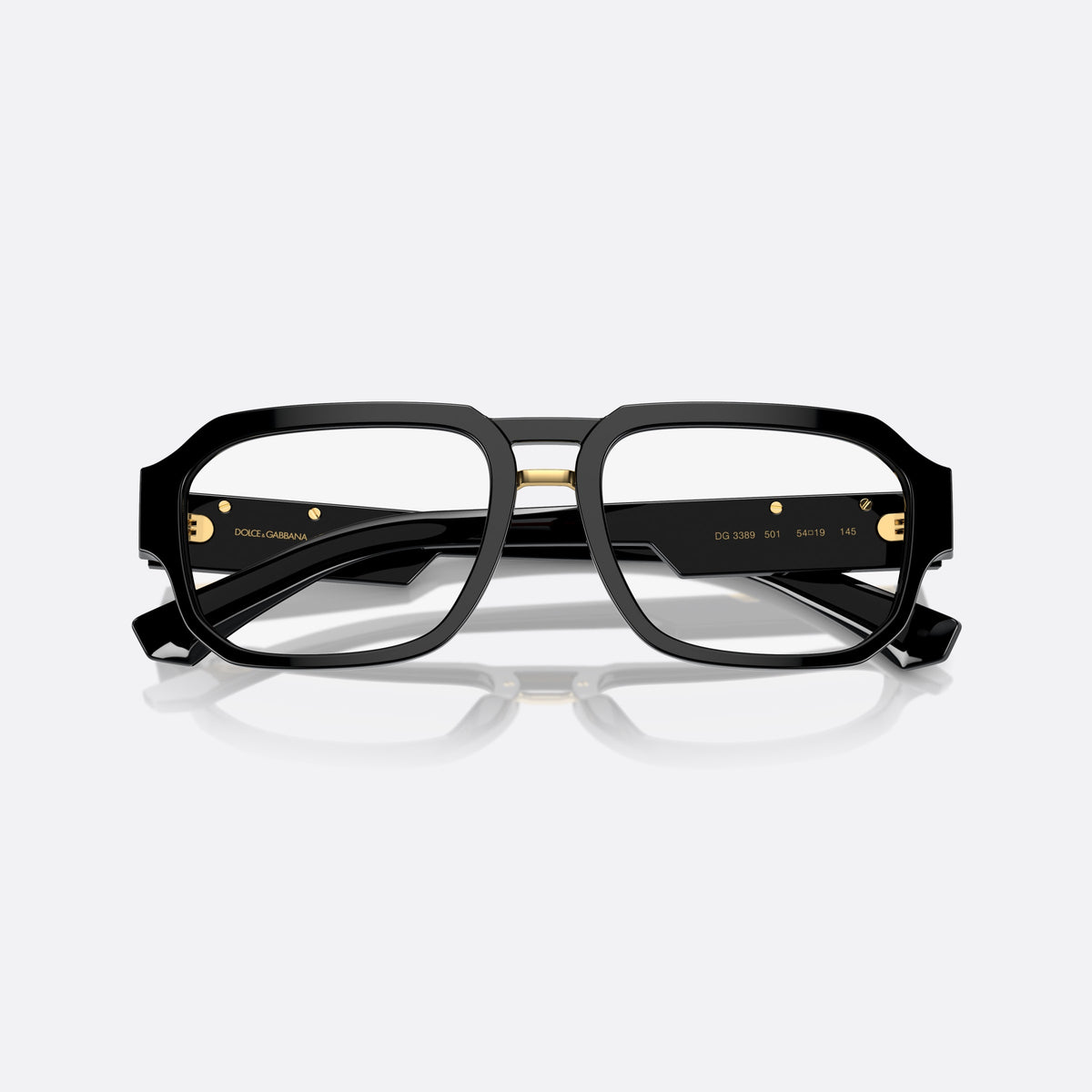 Dolce & Gabbana DG3389 501 eyeglasses, black pilot frame for men, brand lettering on the temples, gold-tone plaque on temple