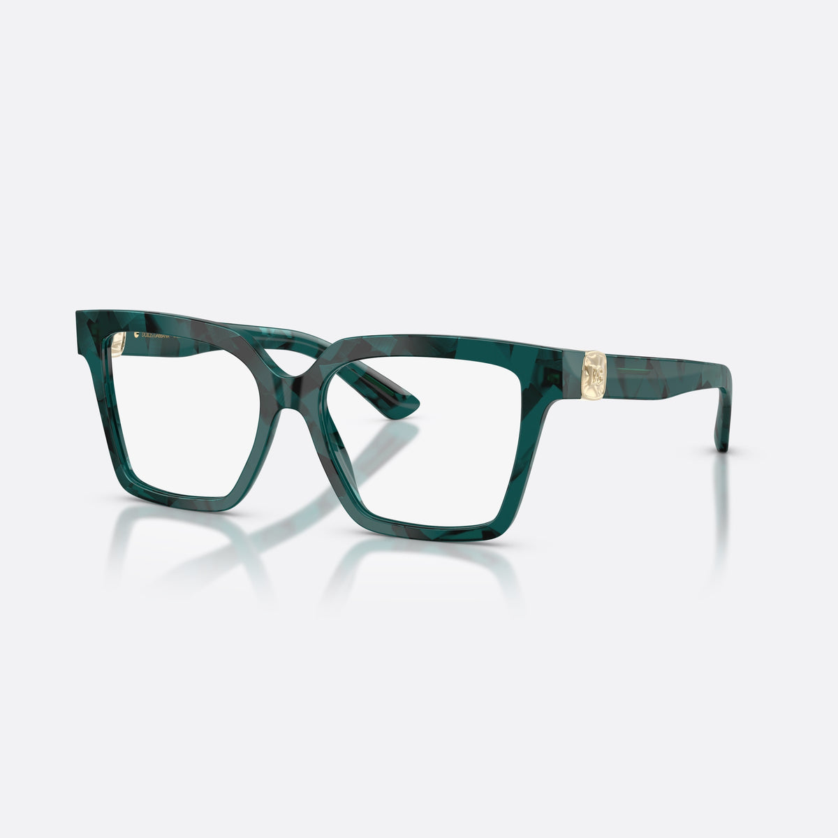 Dolce & Gabbana DG3395 3460 eyeglasses, green square frame for women, plain bridge joining rims, brand logo on plaque