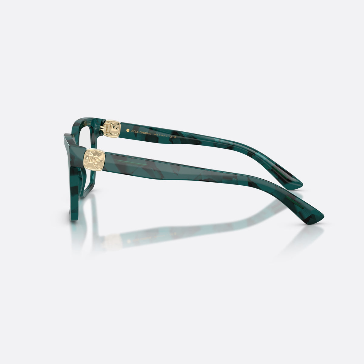 Dolce & Gabbana DG3395 3460 eyeglasses, green square frame for women, plain bridge joining rims, brand logo on plaque, side view