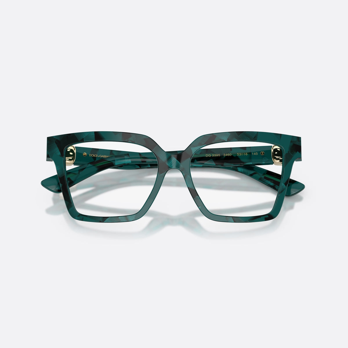 Dolce & Gabbana DG3395 3460 eyeglasses, green square frame for women, plain bridge joining rims, brand logo on plaque, folded
