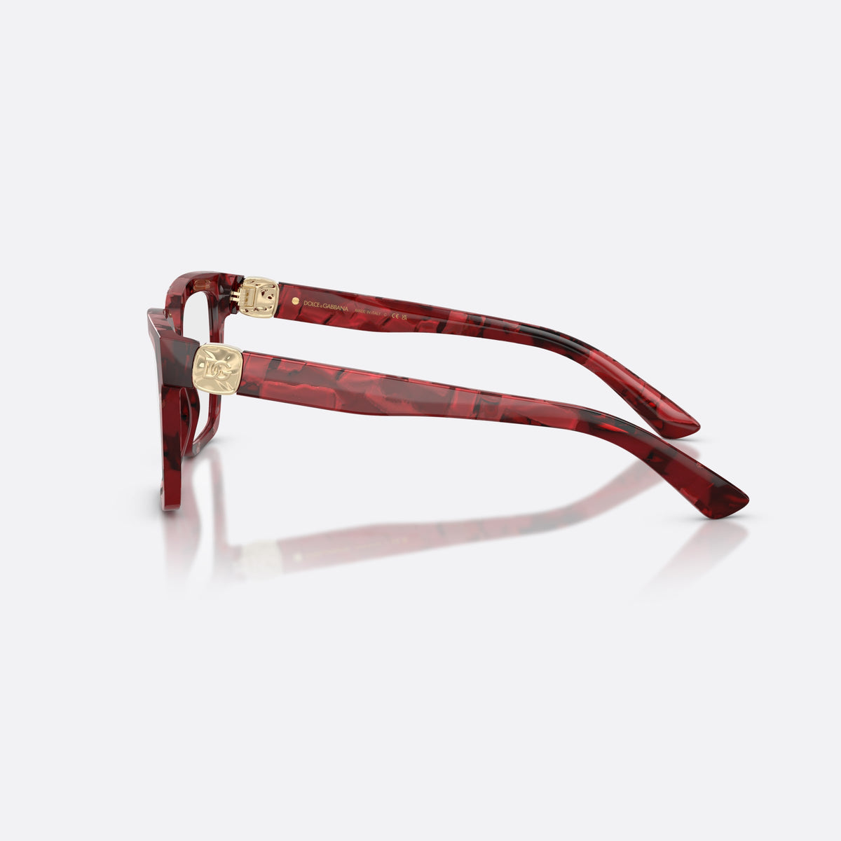 Dolce & Gabbana DG3395 3463 eyeglasses, red square frame for women, plain acetate bridge, brand logo on temple, side view