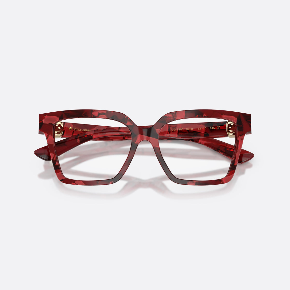 Dolce & Gabbana DG3395 3463 eyeglasses, red square frame for women, plain acetate bridge, brand logo on temple, folded