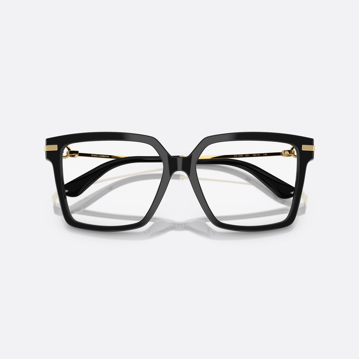 Dolce & Gabbana DG3397 501 eyeglasses, black square frame for women, keyhole bridge, brand logo plaque on temple