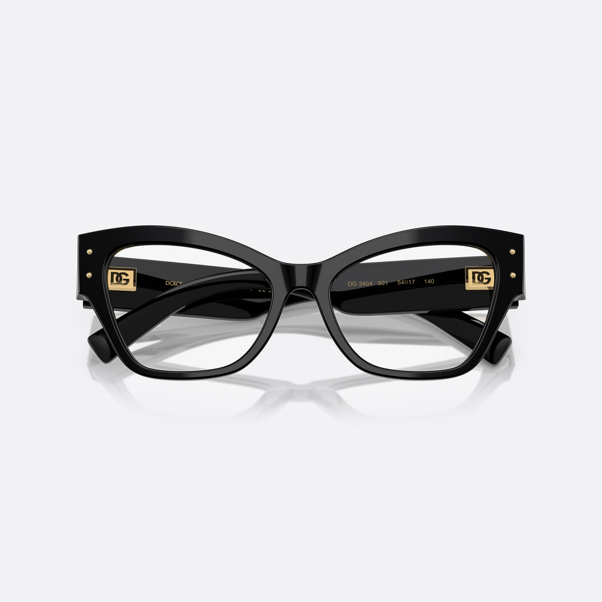 Dolce & Gabbana DG3404 501 eyeglasses, black butterfly frame for women, plain bridge, brand logo plaque on temple