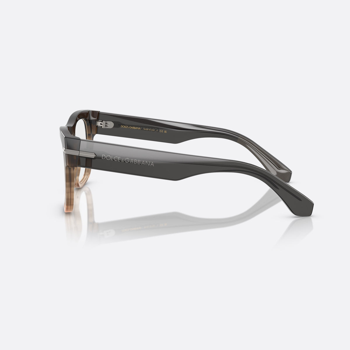 Dolce & Gabbana DG3407 3484 eyeglasses, grey square frame for men, plain double-arch bridge, brand lettering on the temples, side view