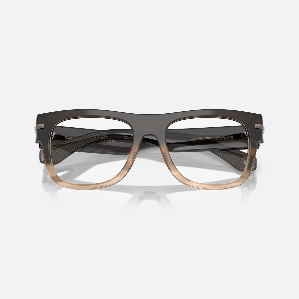 Dolce & Gabbana DG3407 3484 eyeglasses, grey square frame for men, plain double-arch bridge, brand lettering on the temples, folded