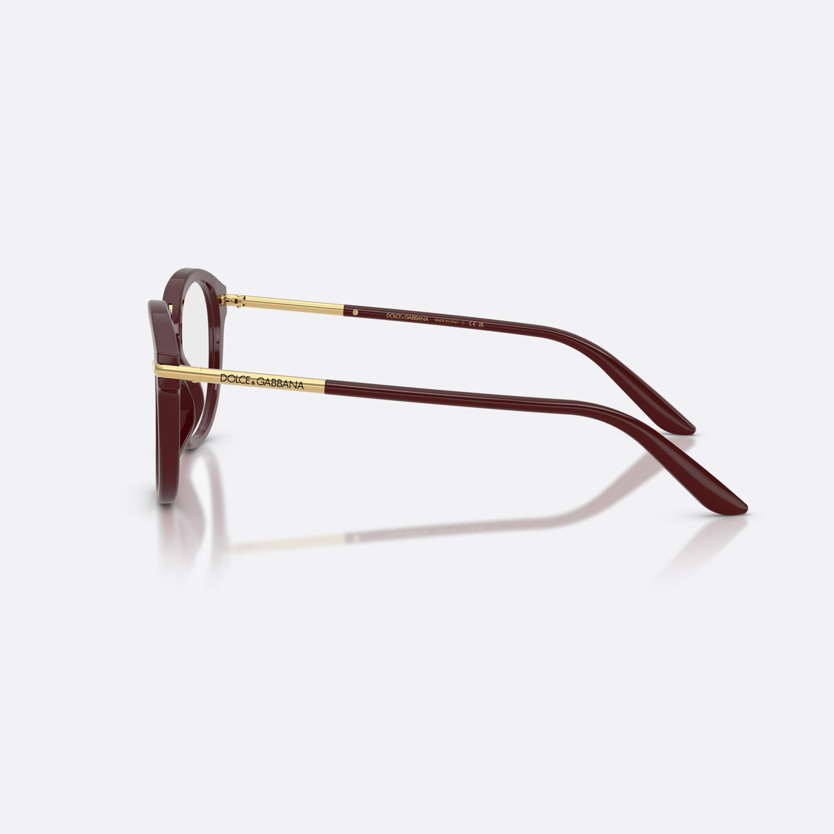 Dolce & Gabbana DG3410 3091 eyeglasses, red phantos frame for women, metal bridge with gold-tone finish, full-rim acetate front, side view