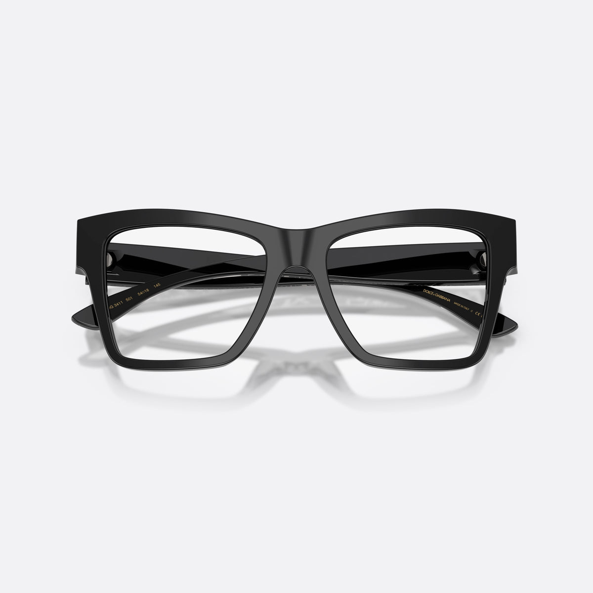 Dolce & Gabbana DG3411 501 eyeglasses, black square frame for women, plain bridge, integrated into front, full-rim frame, folded