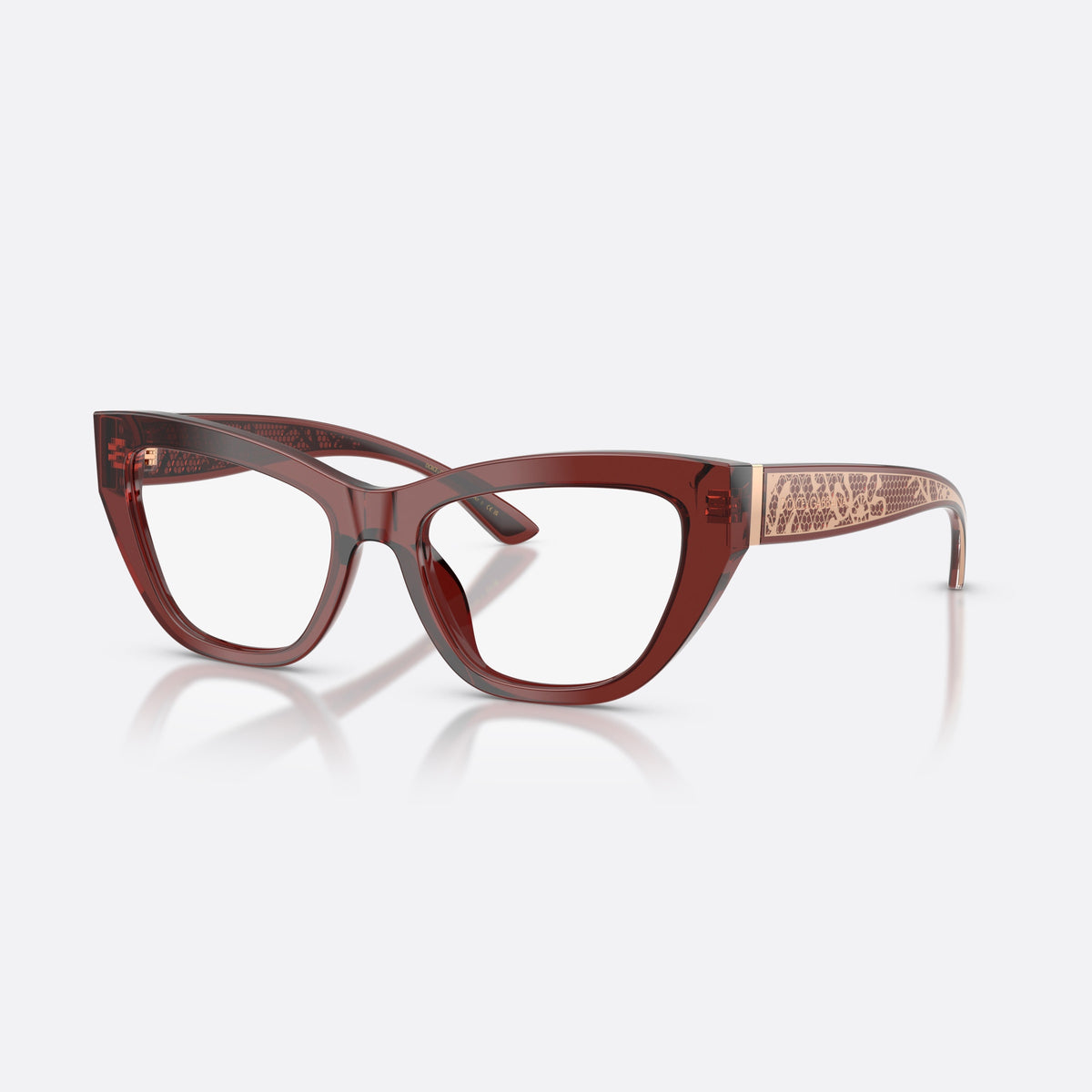 Dolce & Gabbana DG3412 3045 eyeglasses, red cat eye frame for women, plain bridge, wide temples with decorative pattern