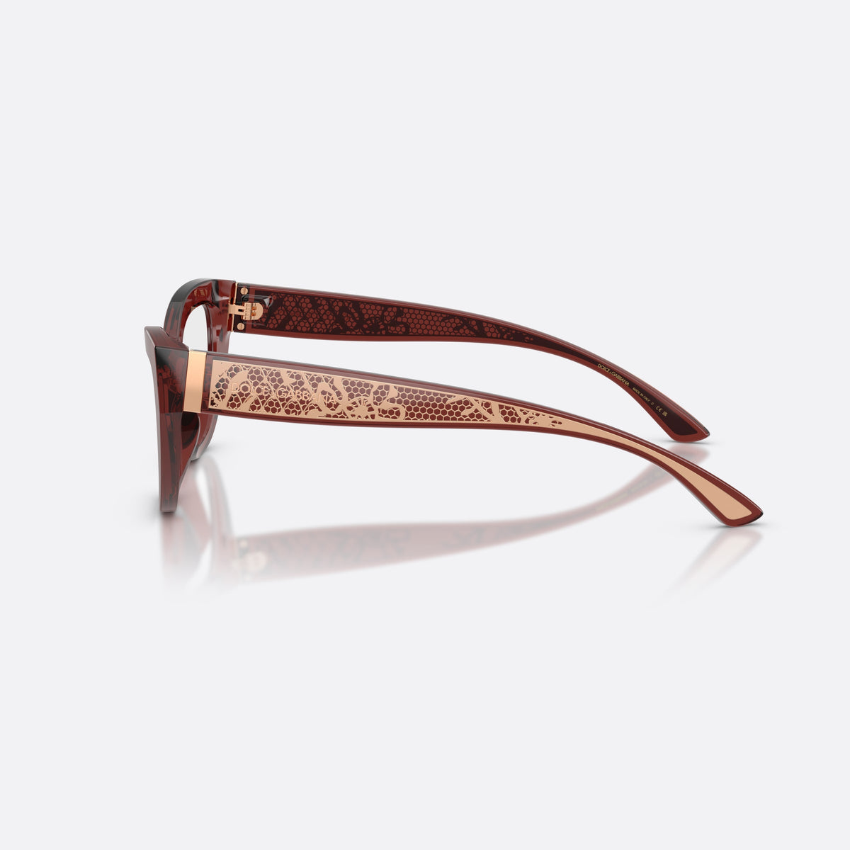 Dolce & Gabbana DG3412 3045 eyeglasses, red cat eye frame for women, plain bridge, wide temples with decorative pattern, side view