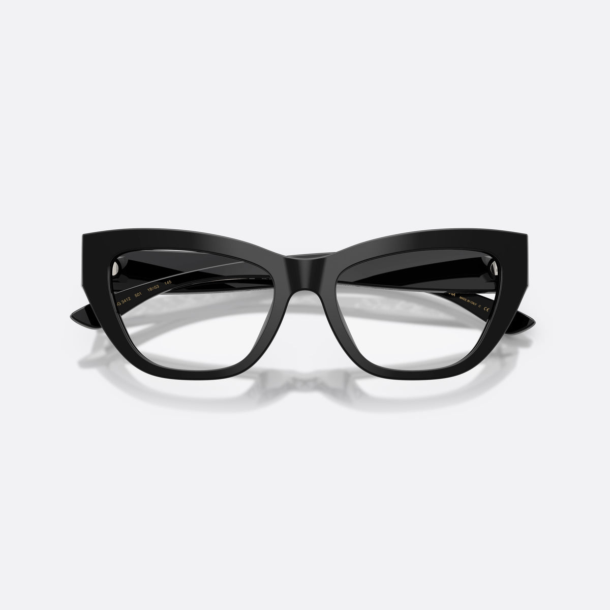 Dolce & Gabbana DG3412 501 eyeglasses, black cat eye frame for women, plain bridge, brand lettering on temples, full-rim frame, folded