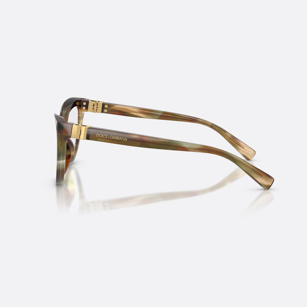 Dolce & Gabbana DG3414 3446 eyeglasses, brown cat eye frame for women, plain bridge, brand lettering on temples, side view