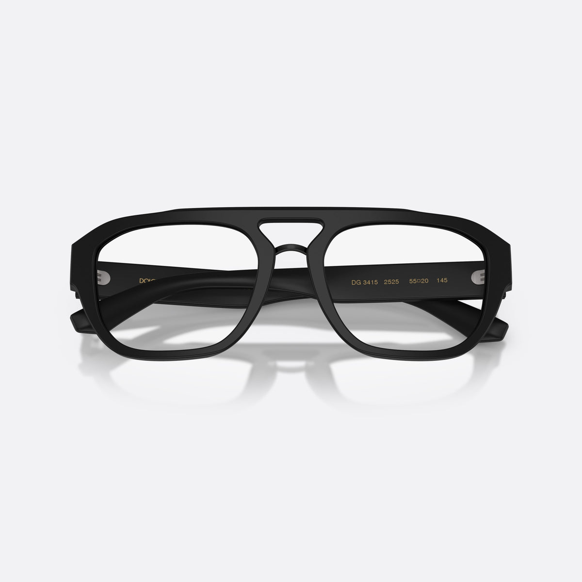 Dolce & Gabbana DG3415 2525 eyeglasses, black pilot frame for men, keyhole bridge, brand logo plaque on temple, folded