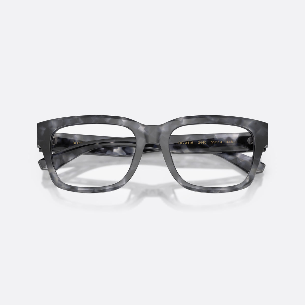 Dolce & Gabbana DG3416 3445 eyeglasses, havana rectangle frame for men, plain bridge, brand logo plaque on temple, full-rim frame, folded