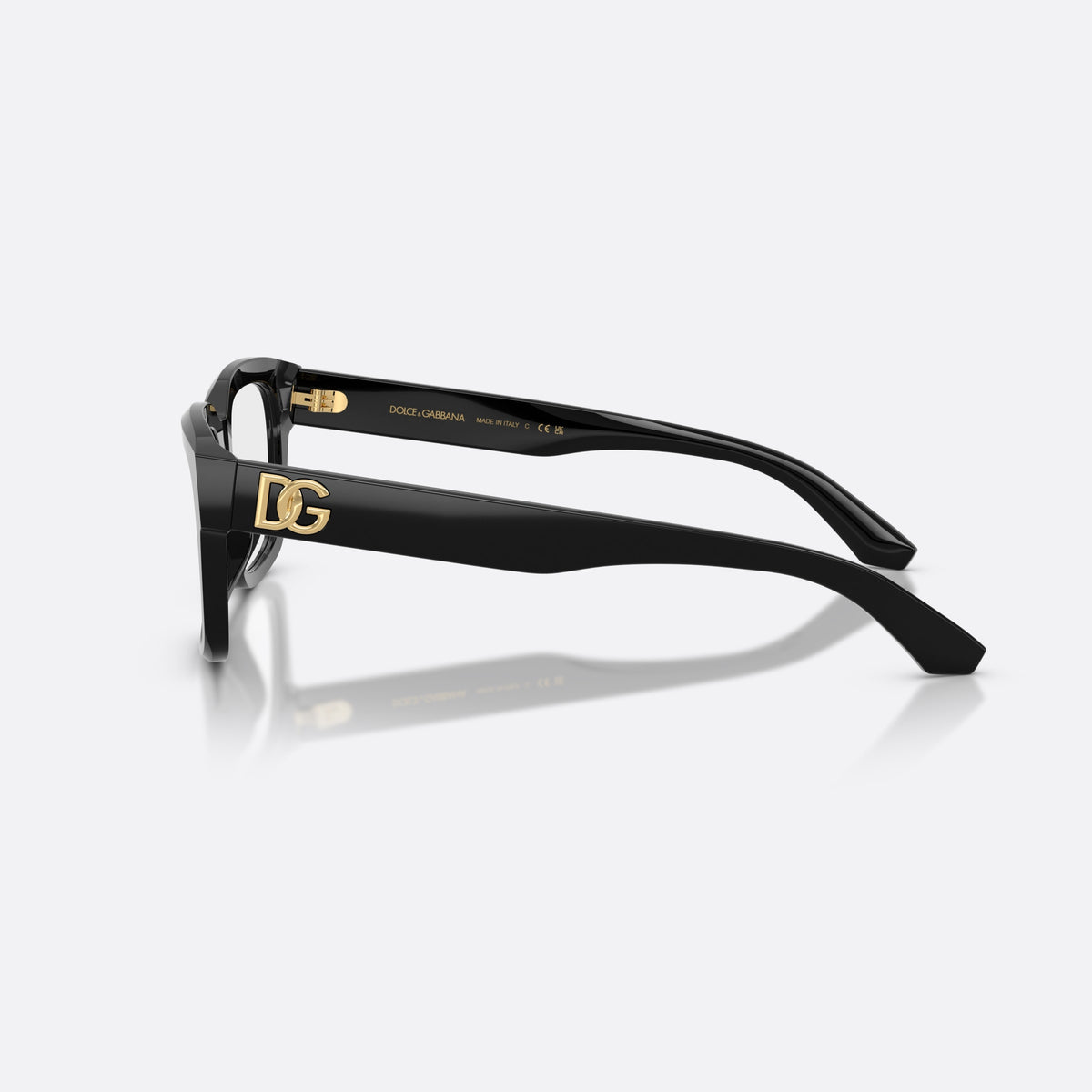 Dolce & Gabbana DG3416 501 eyeglasses, black rectangle frame for men, plain bridge, brand logo plaque on temple, side view