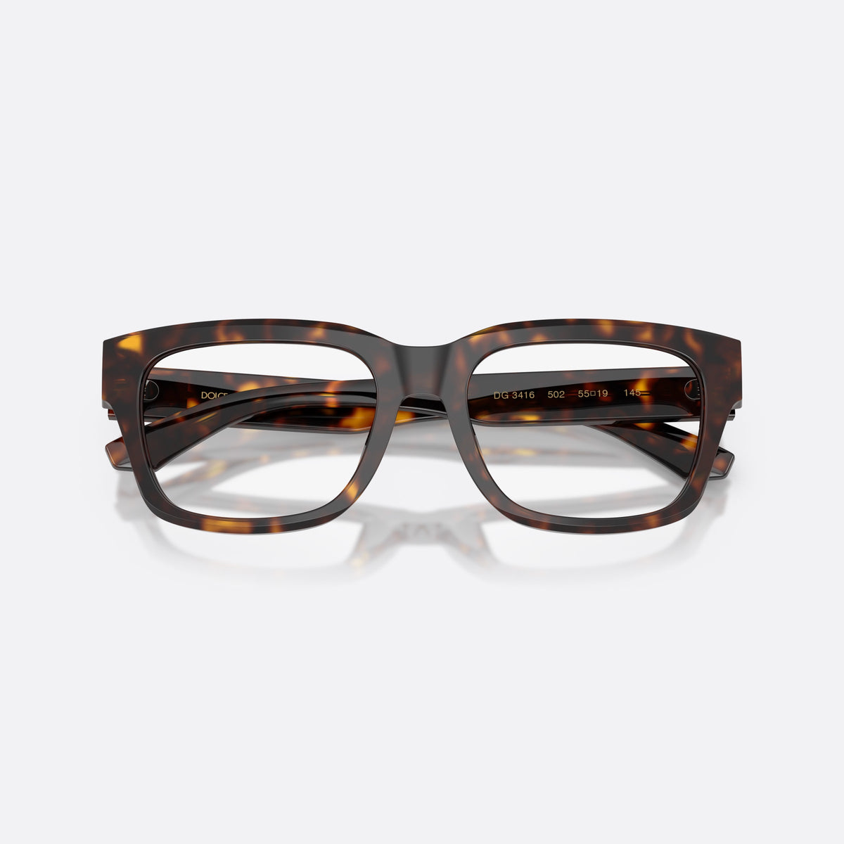 Dolce & Gabbana DG3416 502 eyeglasses, havana rectangle frame for men, plain bridge, acetate integrated, wide flat temples, folded