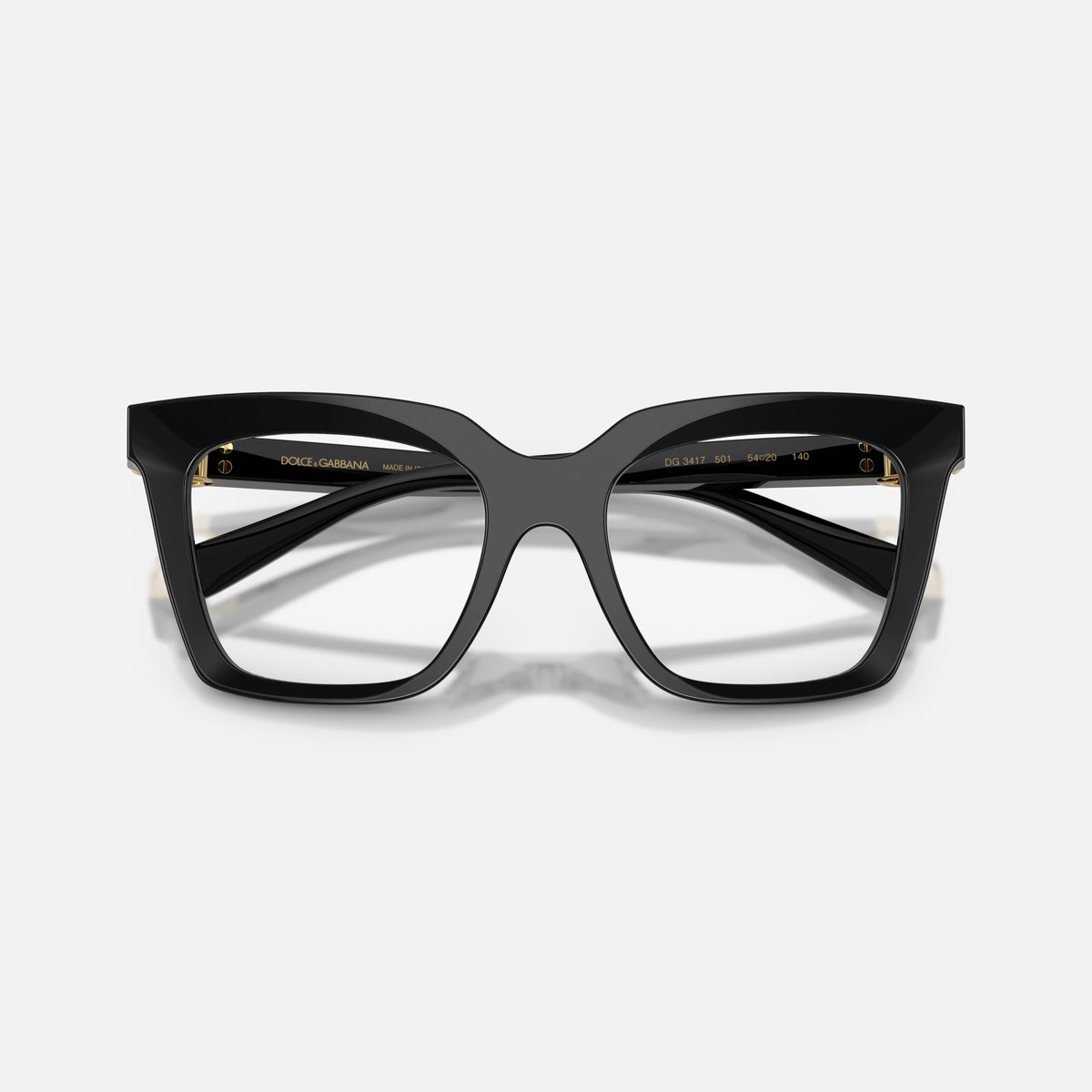 Rame ochelari de vedere Dolce & Gabbana DG3417 501, patrati negru, pentru femei, punte simplă de tip șa, literele brandului pe brațe, cu brațele pliate