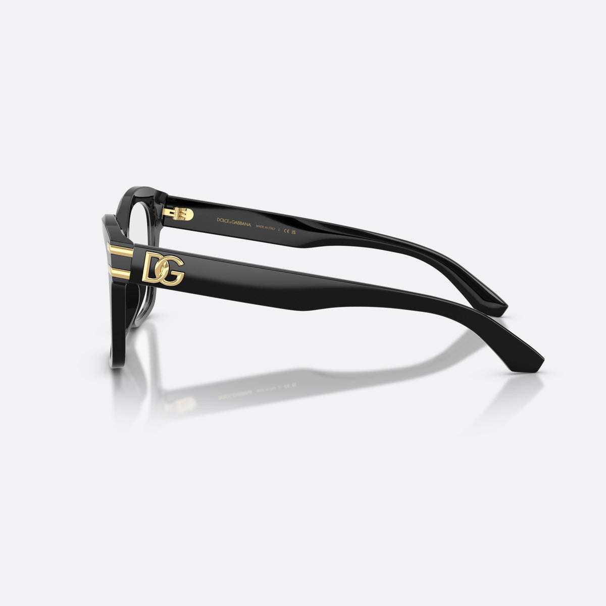 Dolce & Gabbana DG3419 501 eyeglasses, black square frame for women, keyhole bridge, brand logo plaque on temple, side view