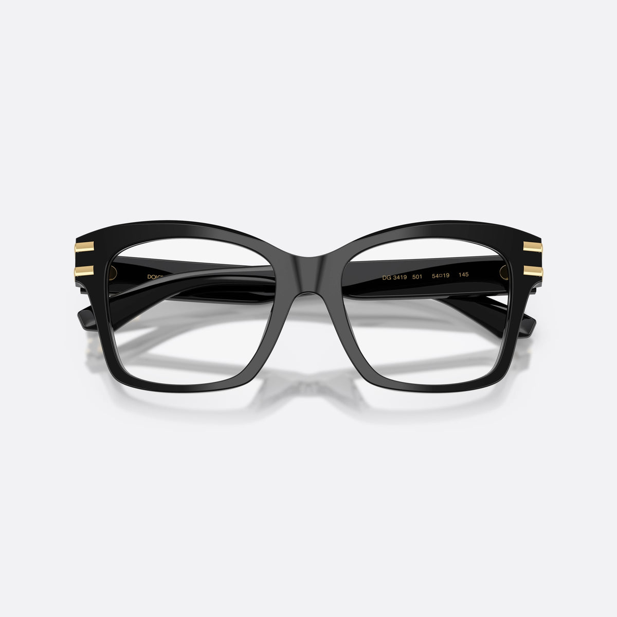 Dolce & Gabbana DG3419 501 eyeglasses, black square frame for women, keyhole bridge, brand logo plaque on temple, folded