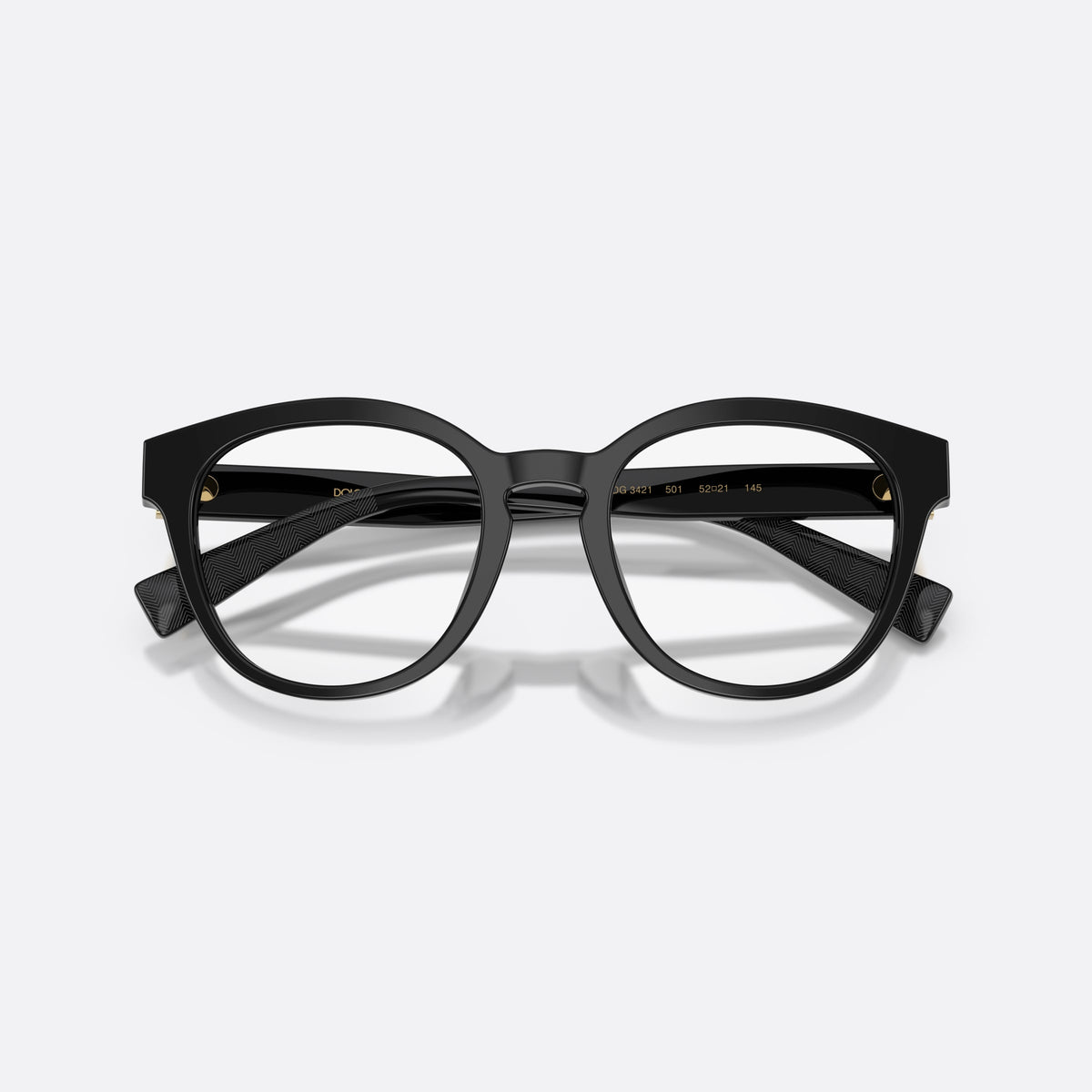 Dolce & Gabbana DG3421 501 eyeglasses, black phantos frame for men, brand lettering on temples, wide tapered temples, folded