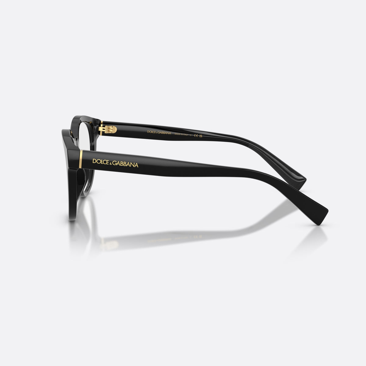 Dolce & Gabbana DG3421 501 eyeglasses, black phantos frame for men, brand lettering on temples, slim tapered temples, side view