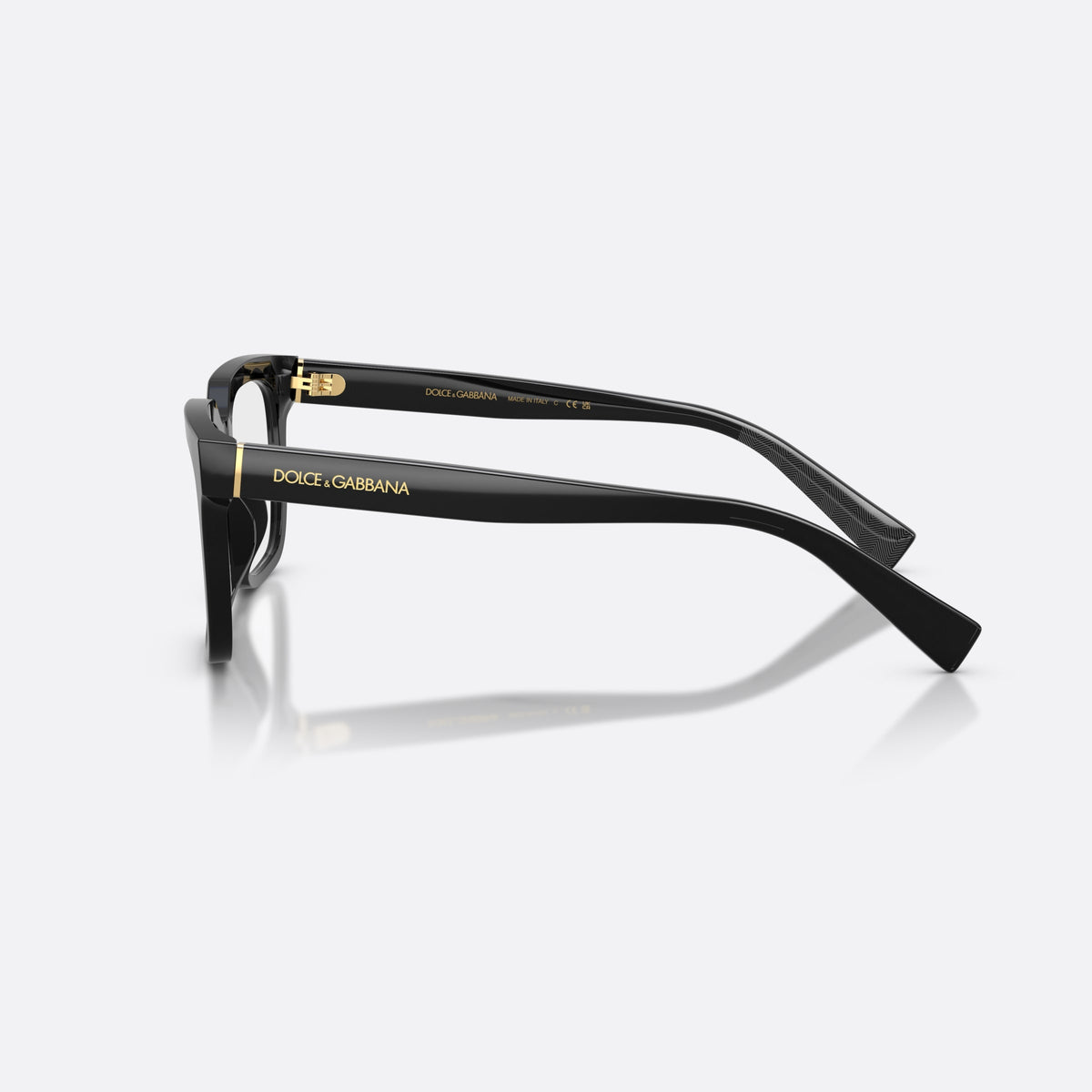 Dolce & Gabbana DG3422 501 eyeglasses, black square frame for men, plain bridge, brand lettering on temples, full rim frame, side view