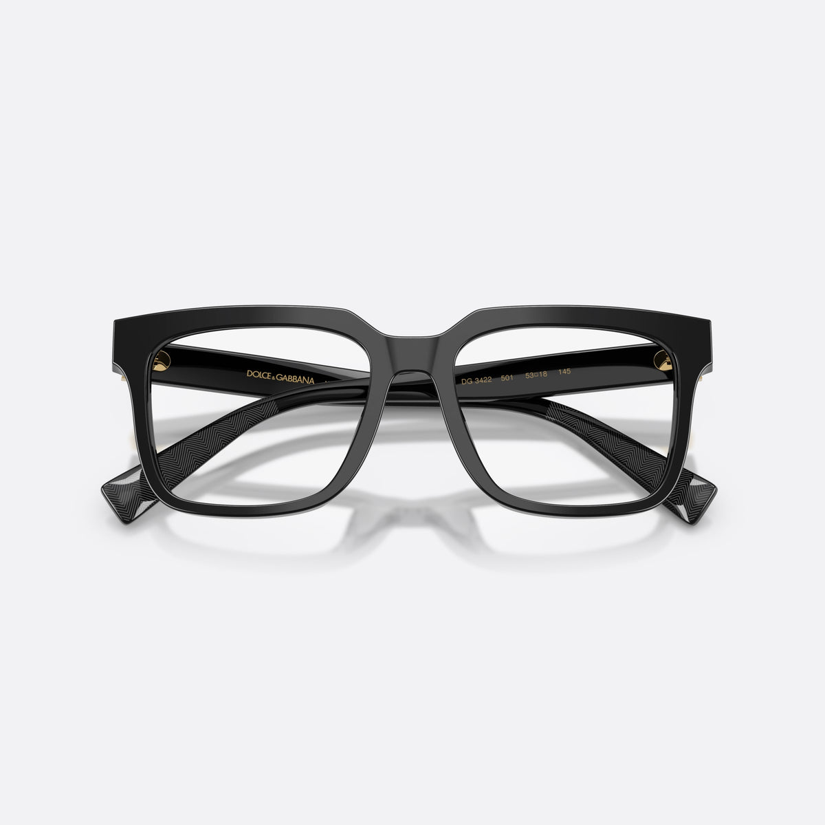 Dolce & Gabbana DG3422 501 eyeglasses, black square frame for men, plain bridge, brand lettering on temples, full rim frame, folded