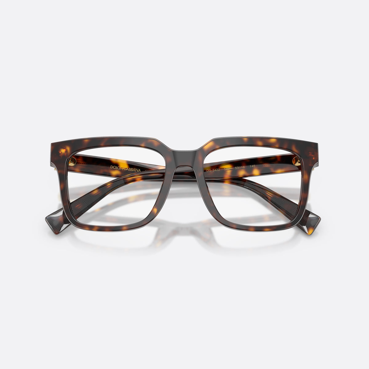 Dolce & Gabbana DG3422 502 eyeglasses, havana square frame for men, plain double bridge, brand lettering on temples, folded
