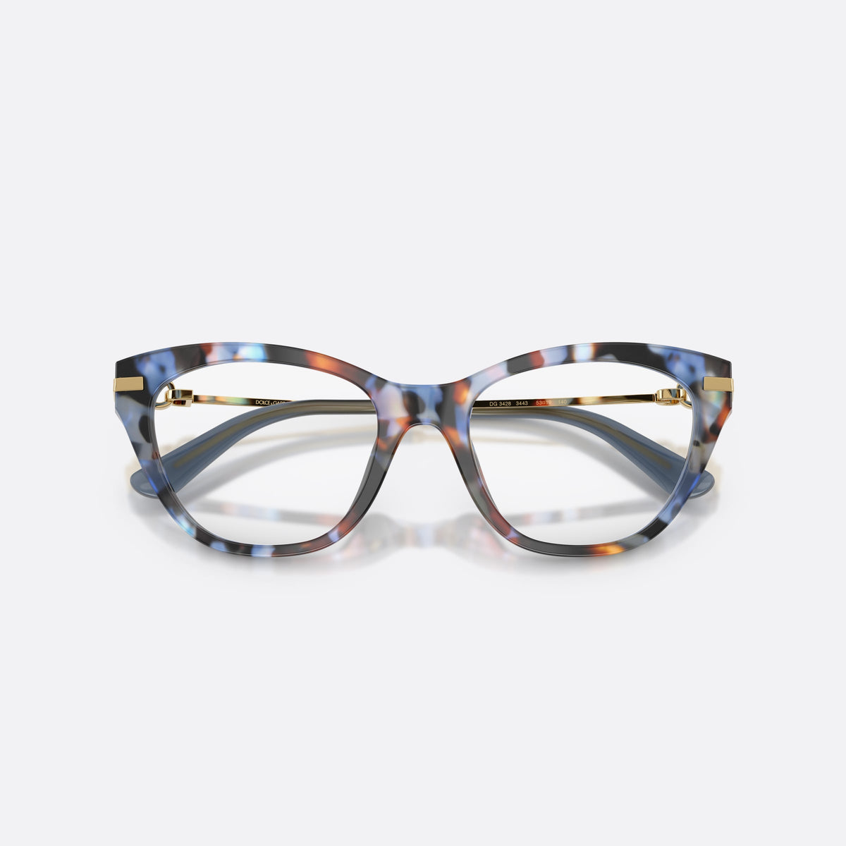 Dolce & Gabbana DG3428 3443 eyeglasses, blue butterfly frame for women, plain bridge, brand lettering on temples, full-rim front, folded