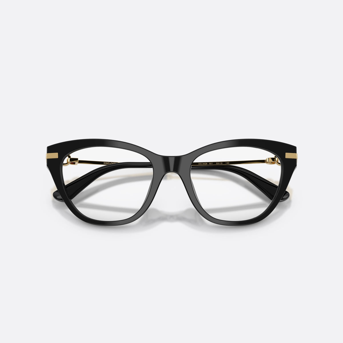 Dolce & Gabbana DG3428 501 eyeglasses, black butterfly frame for women, keyhole bridge, slim tapered temples, full-rim frame, folded