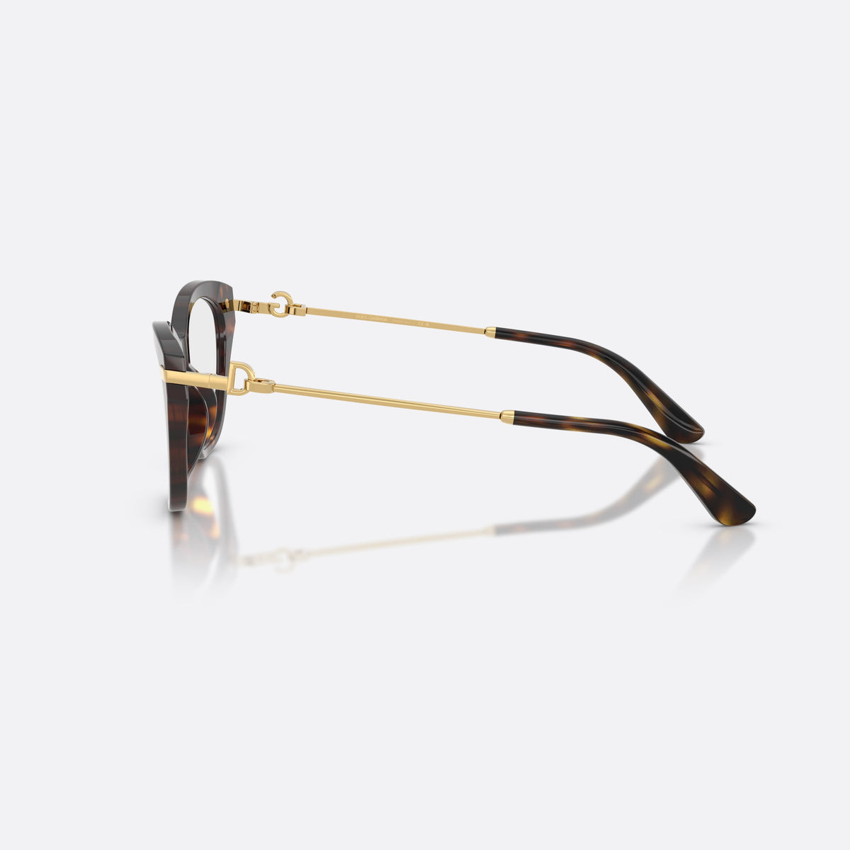 Dolce & Gabbana DG3428 502 eyeglasses, havana butterfly frame for women, plain acetate bridge, brand logo plaque on temple, side view
