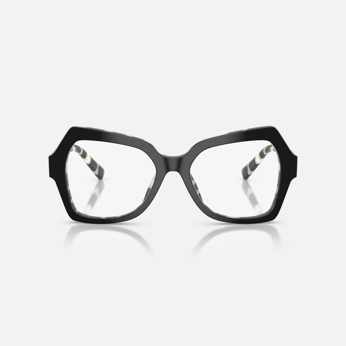 Dolce & Gabbana DG3429 3372 eyeglasses, black butterfly frame for women, plain acetate bridge, brand logo plaque on temple, front view