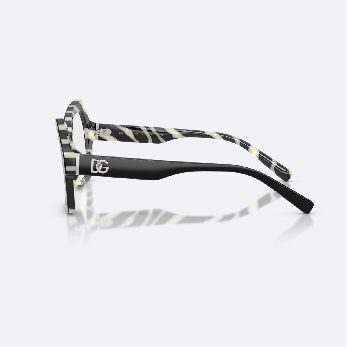 Dolce & Gabbana DG3429 3372 eyeglasses, black butterfly frame for women, plain acetate bridge, brand logo plaque on temple, side view