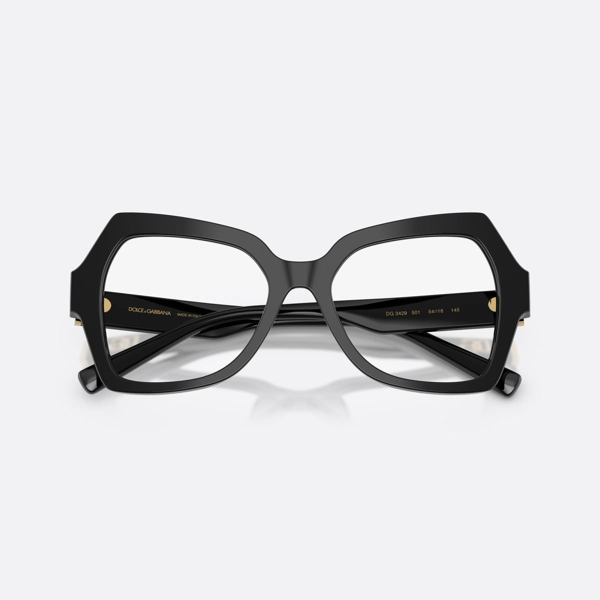 Dolce & Gabbana DG3429 501 eyeglasses, black butterfly frame for women, keyhole bridge, brand logo on temple, wide tapered temples, folded
