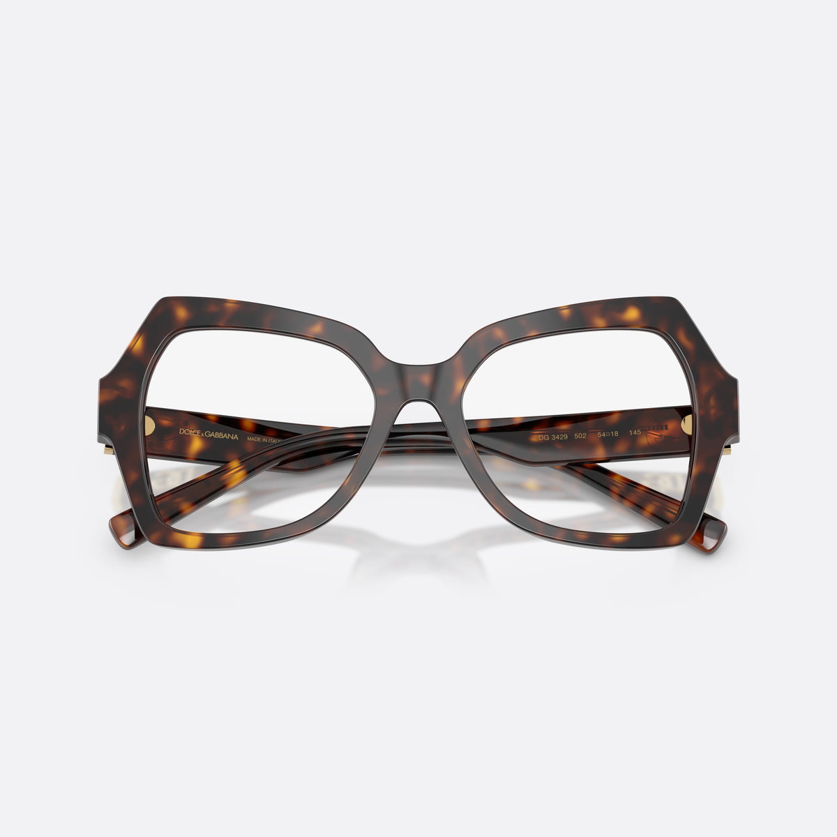 Dolce & Gabbana DG3429 502 eyeglasses, havana butterfly frame for women, plain bridge, brand logo on temple, full rim, folded