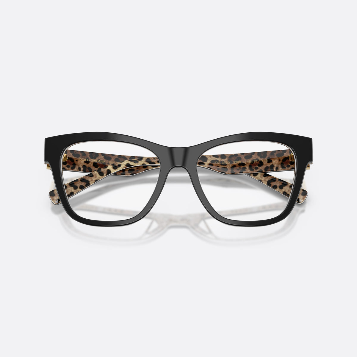 Dolce & Gabbana DG3430 3299 eyeglasses, black square frame for women, plain bridge, integrated into front, wide tapered temples, folded