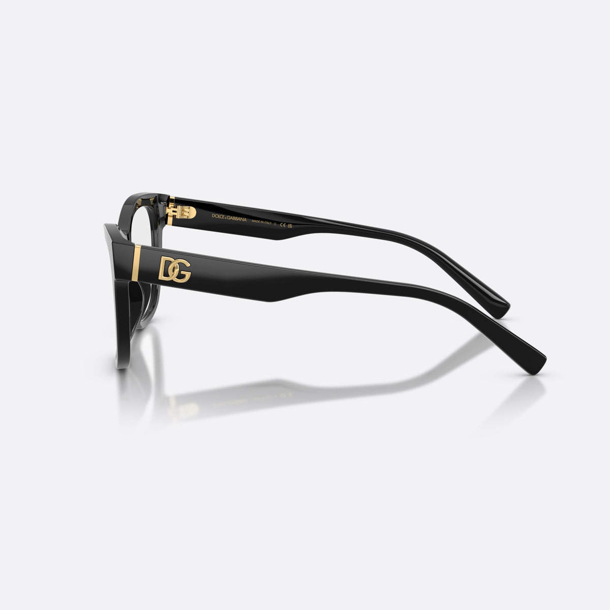 Dolce & Gabbana DG3430 501 eyeglasses, black square frame for women, plain bridge, integrated, brand logo plaque on temple, side view