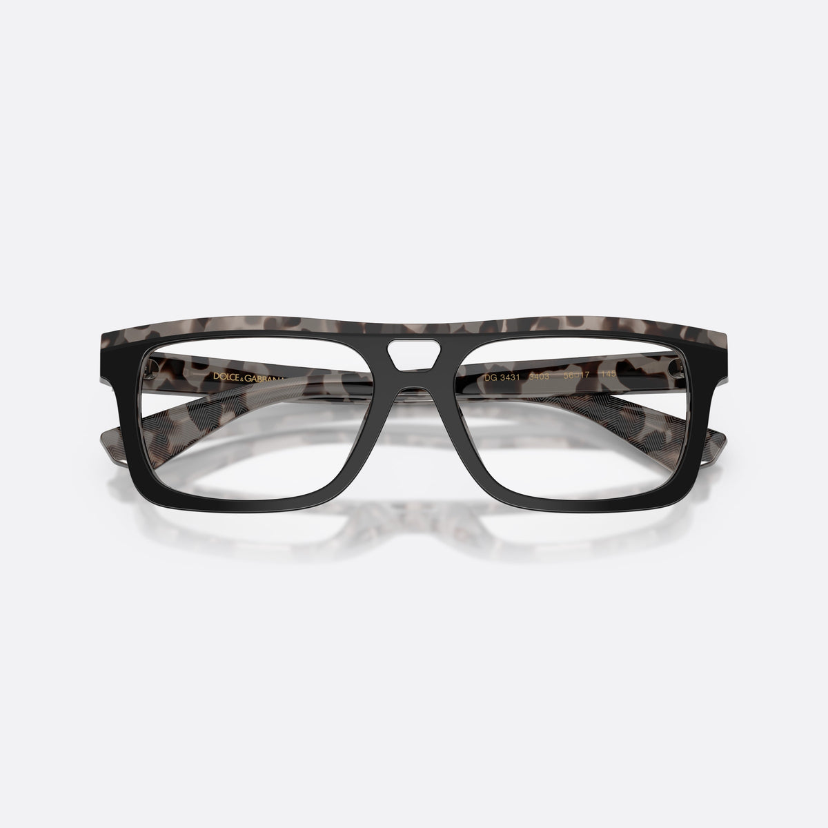 Dolce & Gabbana DG3431 3403 eyeglasses, black rectangle frame for men, keyhole bridge, brand lettering on temples, full rim frame, folded