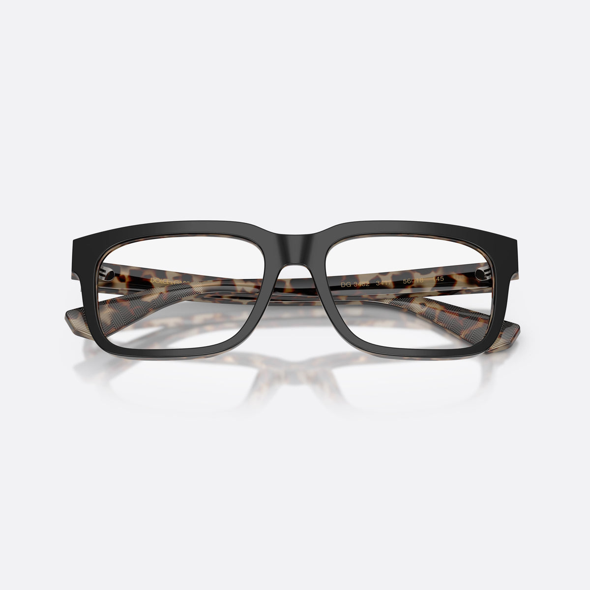 Dolce & Gabbana DG3432 3417 eyeglasses, black rectangle frame for men, plain bridge, brand lettering on temple, flat wide temples, folded