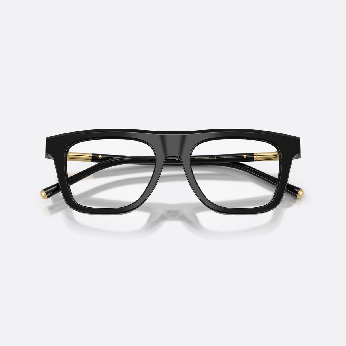 Dolce & Gabbana DG3434 501 eyeglasses, black square frame for men, plain integrated bridge, brand lettering on temples, folded