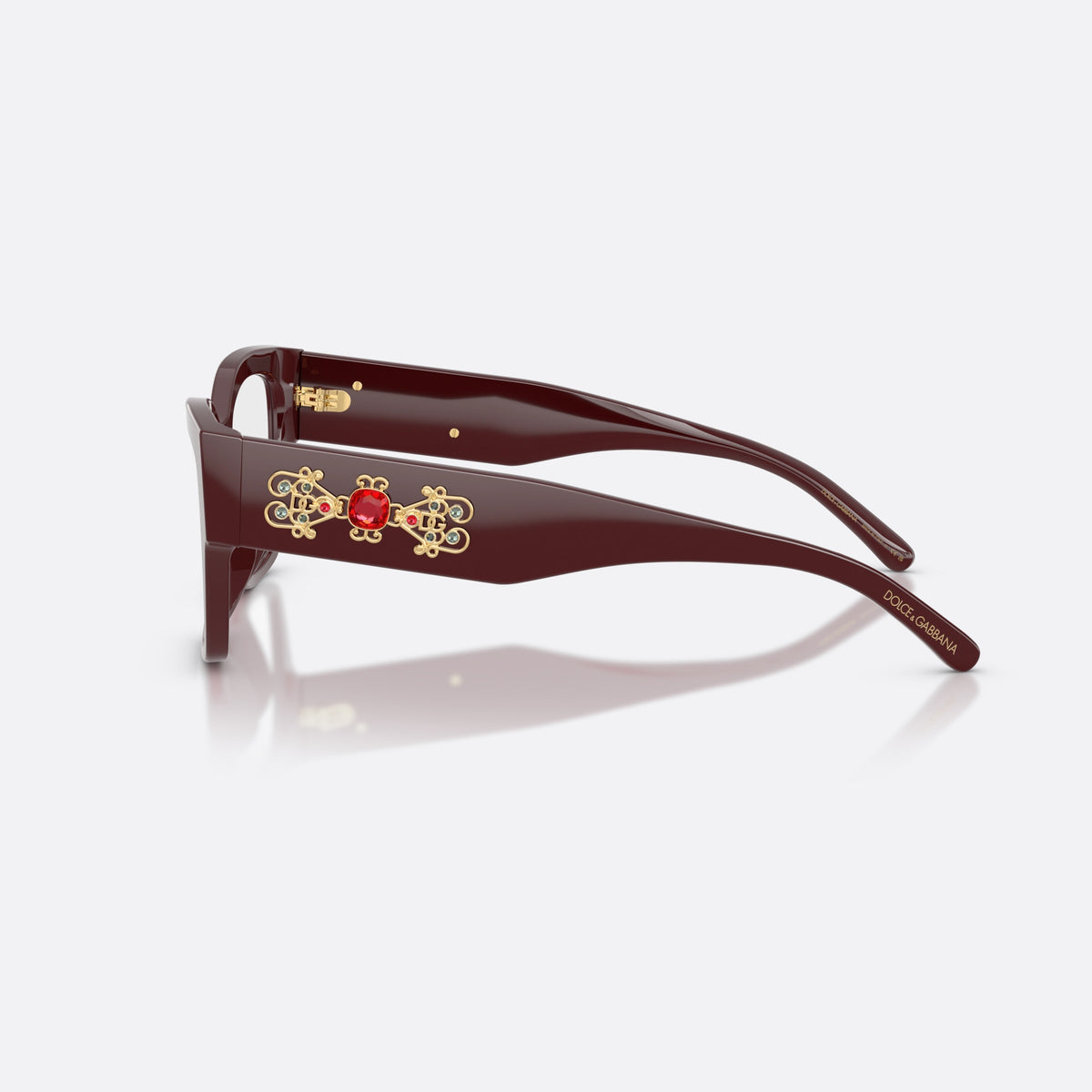 Dolce & Gabbana DG3435B 3091 eyeglasses, red butterfly frame for women, plain saddle bridge, brand logo on temple plaque, side view