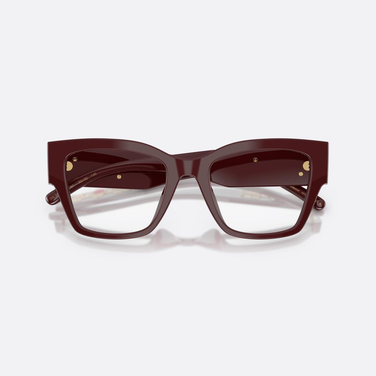 Dolce & Gabbana DG3435B 3091 eyeglasses, red butterfly frame for women, plain saddle bridge, brand logo on temple plaque, folded