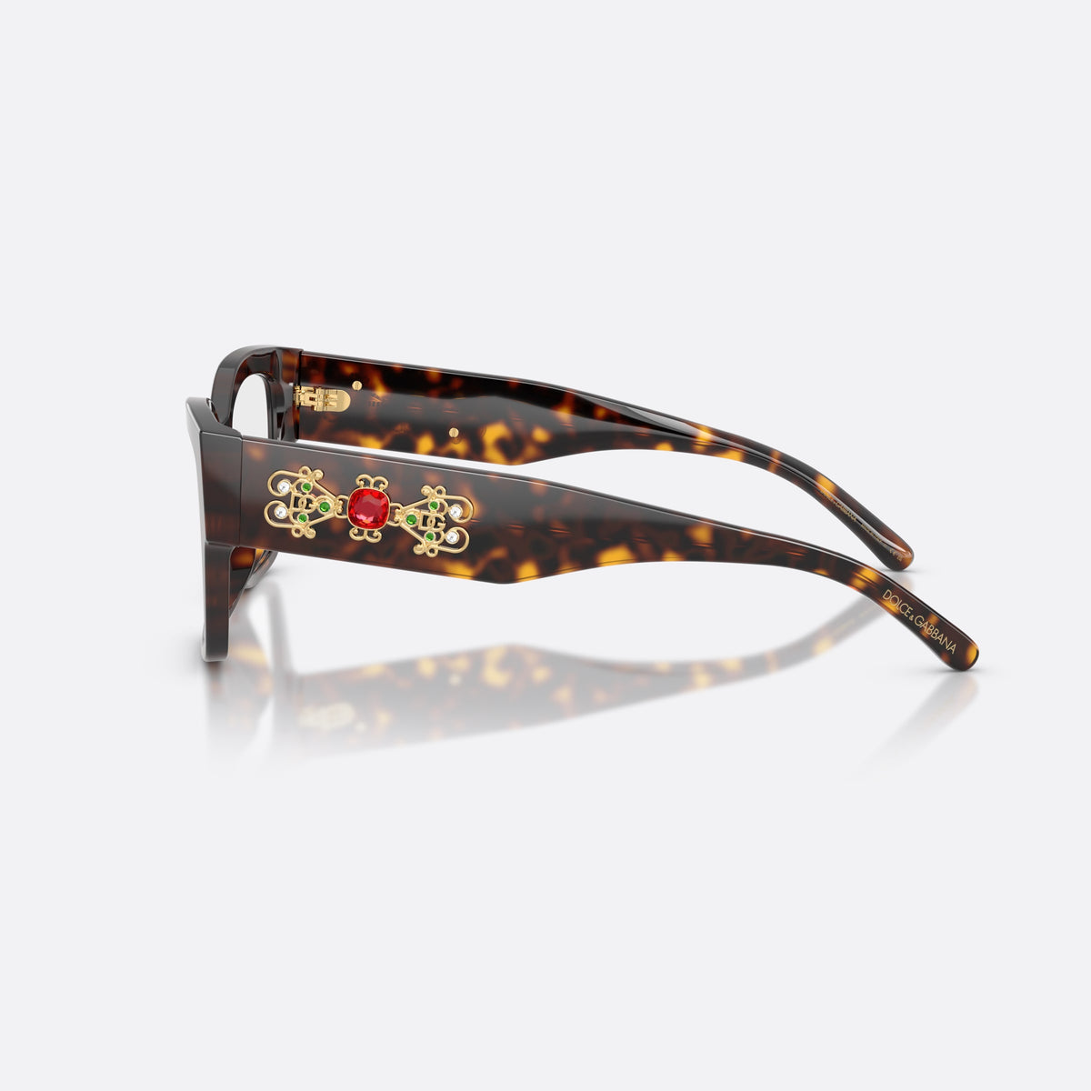 Dolce & Gabbana DG3435B 502 eyeglasses, havana butterfly frame for women, keyhole bridge, gold-tone ornamental plaque on temples, side view